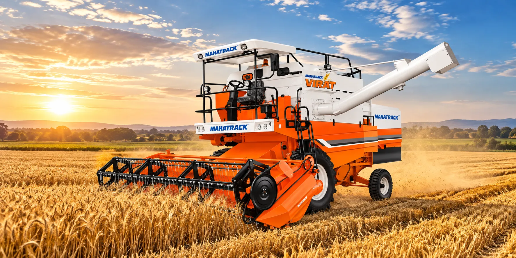 MAHATRACK VIRAT combine harvester working in a golden wheat field